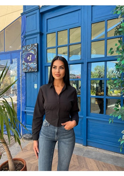 Siyah Desenli Polyester Parçalı Gömlek modelleri