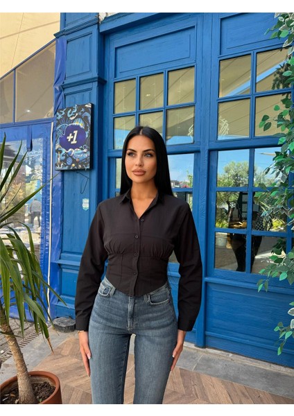 Siyah Desenli Polyester Parçalı Gömlek indirimleri