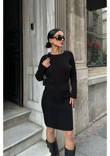 Kadın Siyah Örme Slim Fit Bisiklet Yaka Ikili Takım modelleri