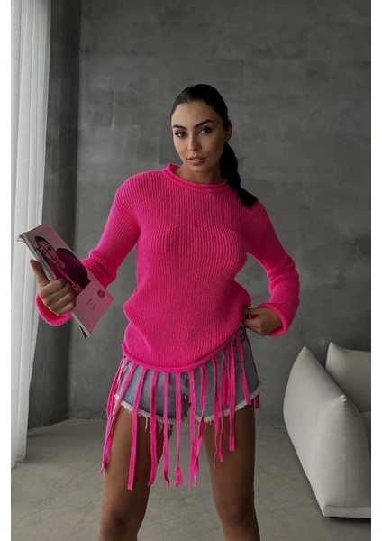 Kadın Fuşya Fitilli Triko Slim Uzun Kol Kazak