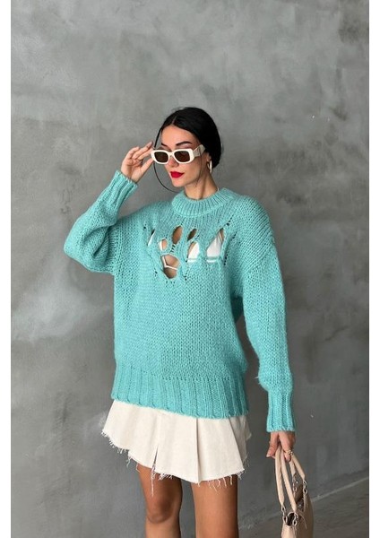 Kadın Mint Triko Oversize Yarım Balıkçı Kazak