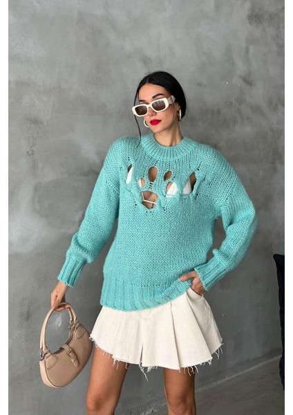 Kadın Mint Triko Oversize Yarım Balıkçı Kazak modelleri