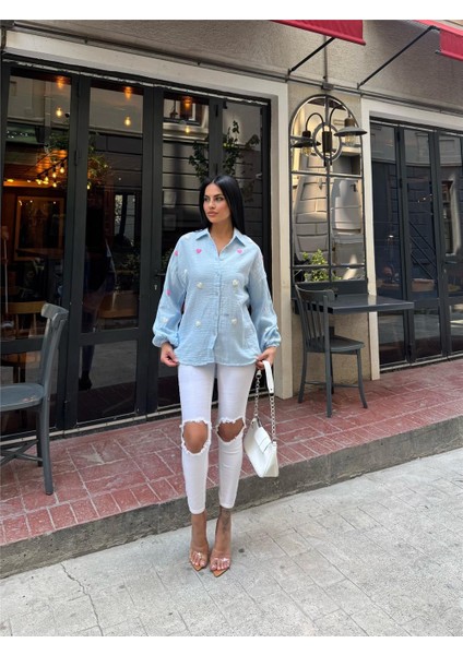 Mavi Kalp Nakışlı Viskon Gömlek modelleri