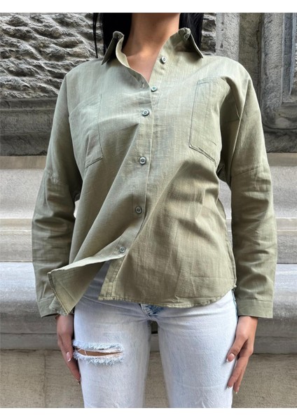 Haki Çift Cepli Viskon Oversize Gömlek