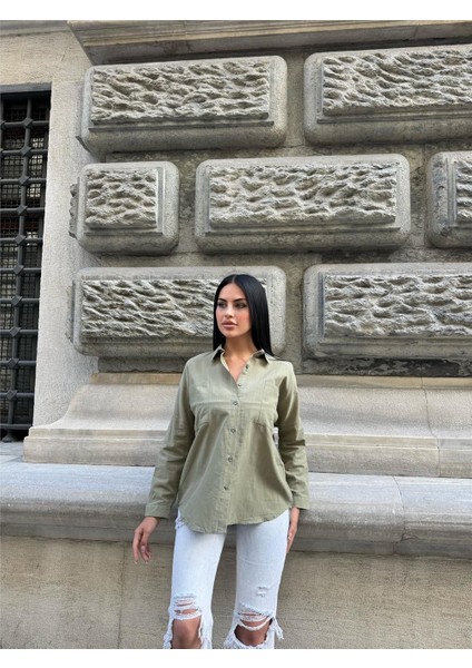 Haki Çift Cepli Viskon Oversize Gömlek modelleri