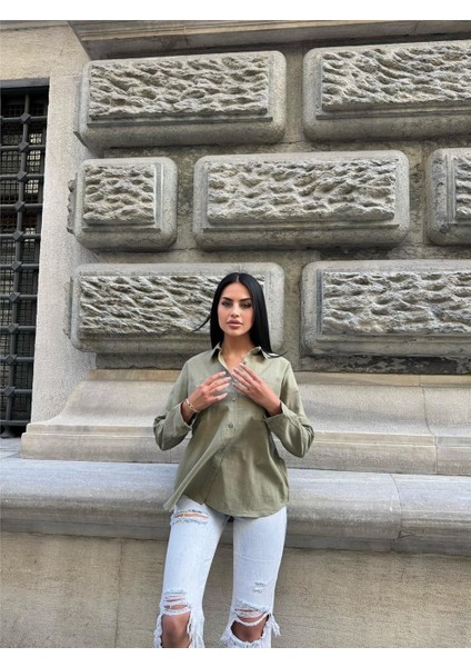 Haki Çift Cepli Viskon Oversize Gömlek fırsatları