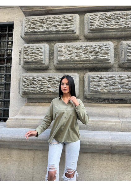 Haki Çift Cepli Viskon Oversize Gömlek indirimleri