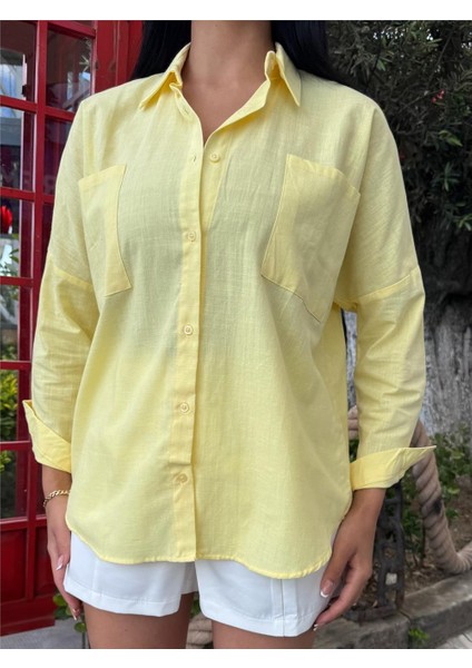 Sarı Oversize Cepli Pamuklu Polyester Gömlek