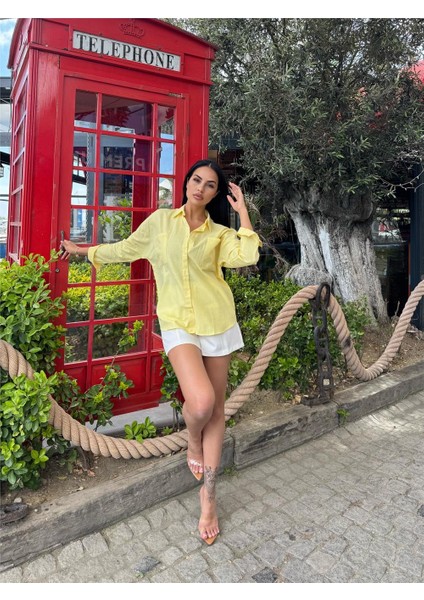 Sarı Oversize Cepli Pamuklu Polyester Gömlek fiyatları