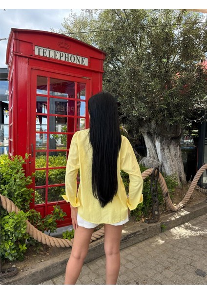 Sarı Oversize Cepli Pamuklu Polyester Gömlek modelleri