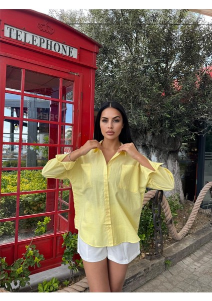 Sarı Oversize Cepli Pamuklu Polyester Gömlek indirimleri
