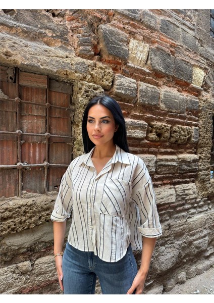 Laci Çizgili Cepli Uzun Kollu Gömlek fırsatları