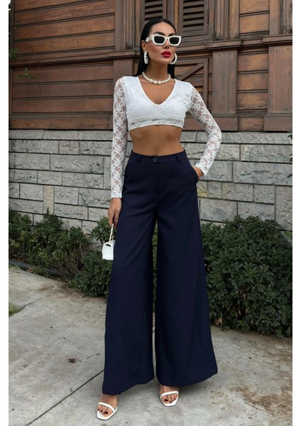 Kadın Lacivert Dokuma Oversize Bol Paça Palazzo Pantolon