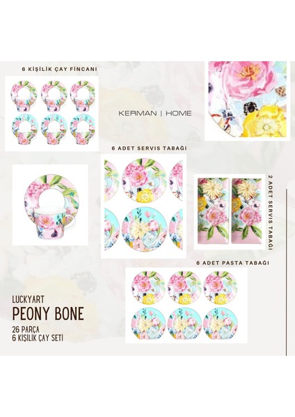 Lucky Art Peony Bone 26 Parça Çay Pasta Ikram Seti