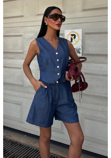 Kadın Koyu Mavi Tencel V Yaka Kolsuz Takım