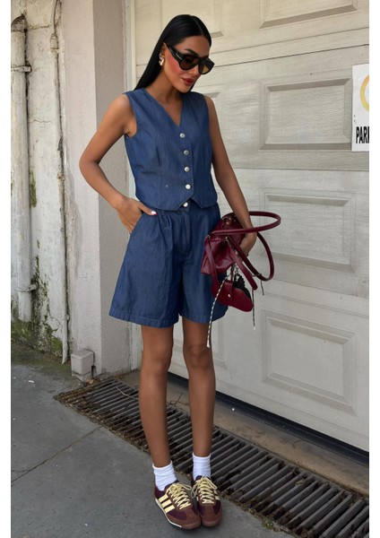 Kadın Koyu Mavi Tencel V Yaka Kolsuz Takım fiyatları