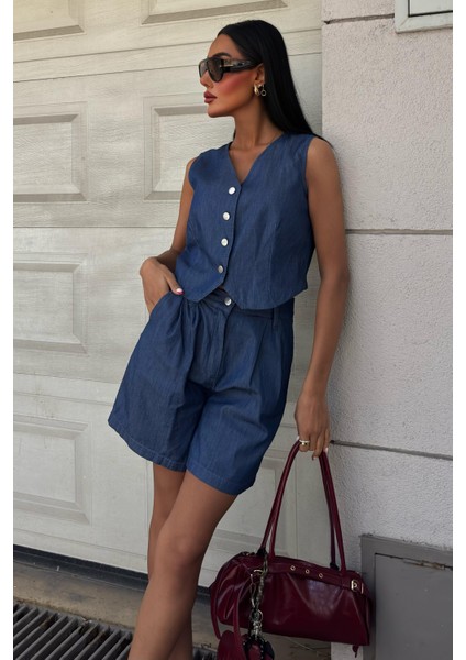 Kadın Koyu Mavi Tencel V Yaka Kolsuz Takım modelleri