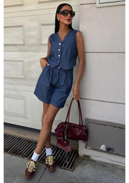 Kadın Koyu Mavi Tencel V Yaka Kolsuz Takım fırsatları