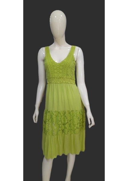 Italyan Yeşil Dantel Detaylı Askılı Kısa Elbise