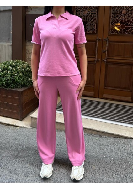 Pembe Polyester Elastan Polo Yaka Takım