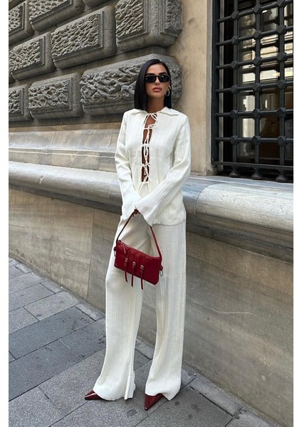 Kadın Ekru Akrilik Polo Yaka Uzun Triko Takım