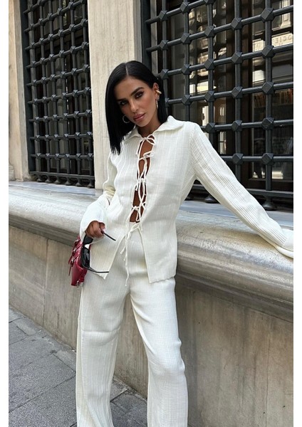 Kadın Ekru Akrilik Polo Yaka Uzun Triko Takım indirimleri