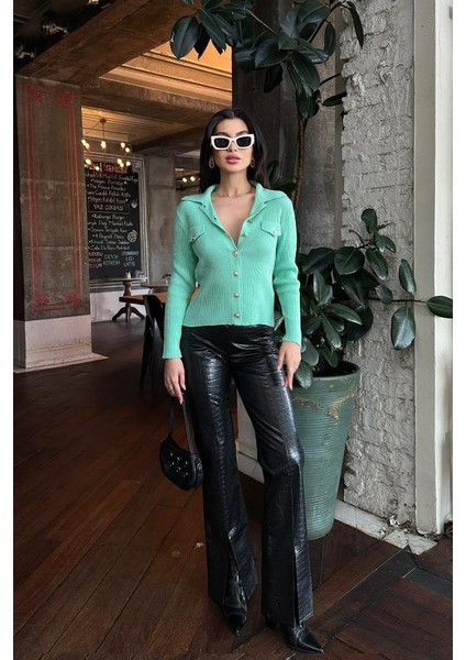 Kadın Mint Akrilik Düz Triko Polo Yaka Hırka