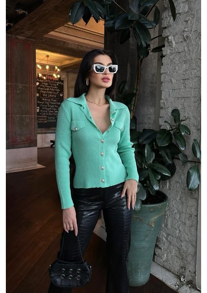 Kadın Mint Akrilik Düz Triko Polo Yaka Hırka indirimleri