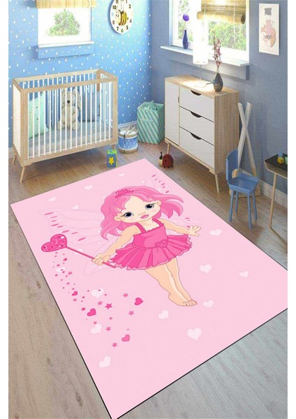 Figürlü Pembe Kaymaz Tabanlı Çocuk Halısı Makinede Yıkanabilir Dot Tabanlı Çocuk Halısı 10058A