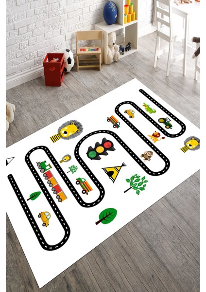 Figürlü Oyun Halısı Desenli Kaymaz Taban Makinede Yıkanabilir Dot Tabanlı Çocuk Halısı 10131C