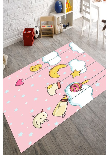 Pembe Kız Çocuk Odası Halısı Kaymaz Taban Makinede Yıkanabilir Dot Tabanlı Çocuk Halısı 10181B