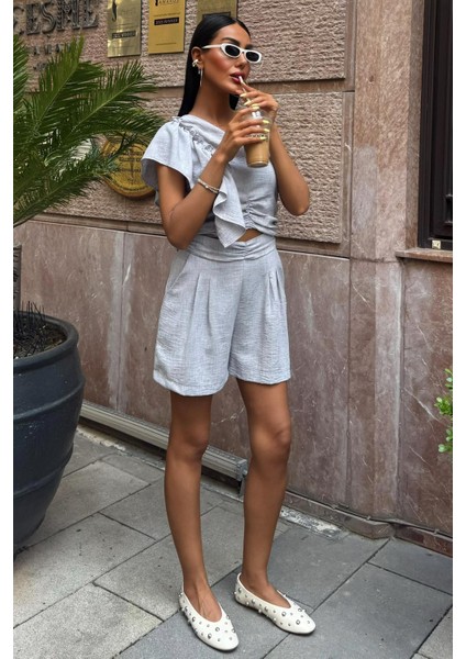 Kadın Gri Keten Tek Omuzlu Fırfırlı Takım fiyatları