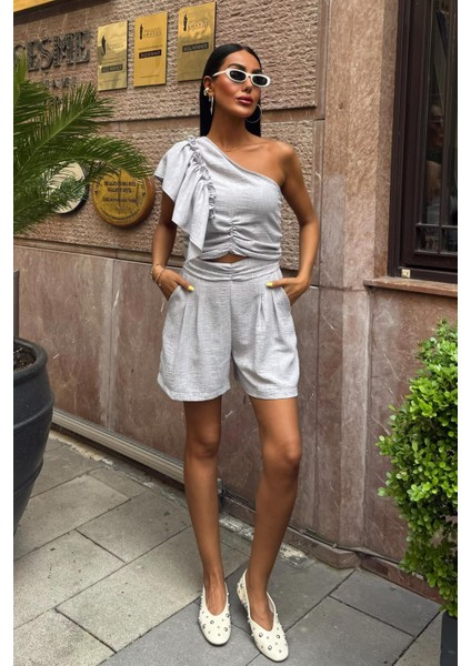 Kadın Gri Keten Tek Omuzlu Fırfırlı Takım modelleri