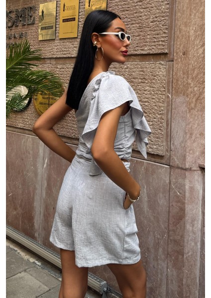 Kadın Gri Keten Tek Omuzlu Fırfırlı Takım fırsatları