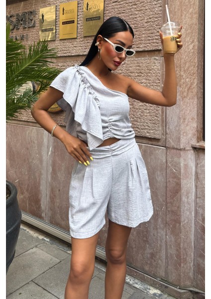 Kadın Gri Keten Tek Omuzlu Fırfırlı Takım indirimleri