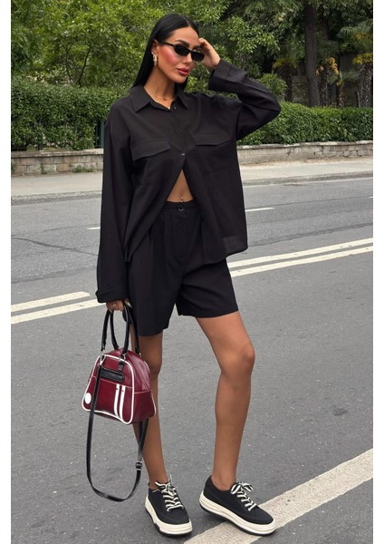 Kadın Siyah Flamlı Keten Düz Gömlek ve Şort Takım fiyatları