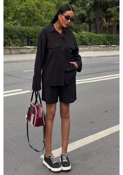 Kadın Siyah Flamlı Keten Düz Gömlek ve Şort Takım modelleri