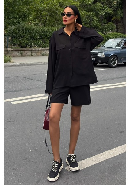 Kadın Siyah Flamlı Keten Düz Gömlek ve Şort Takım fırsatları