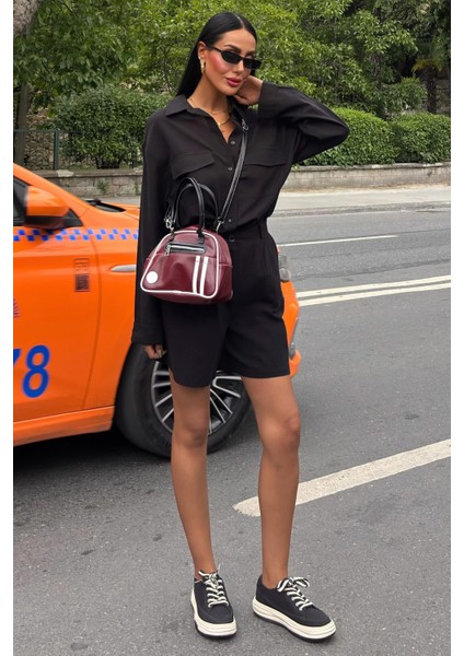 Kadın Siyah Flamlı Keten Düz Gömlek ve Şort Takım indirimleri