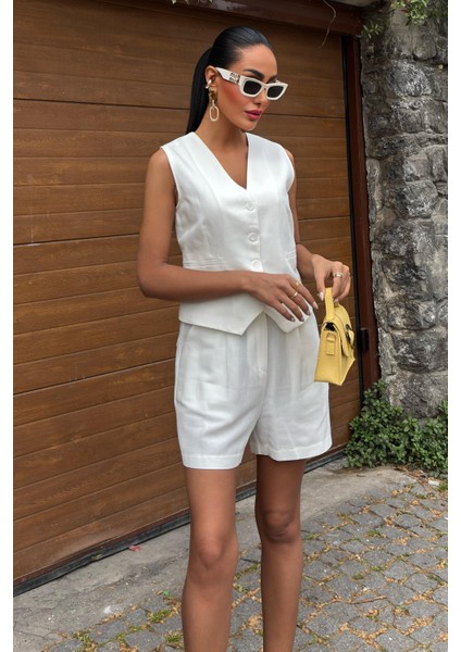 Kadın Beyaz Flamlı Keten Ikili Kısa Takım