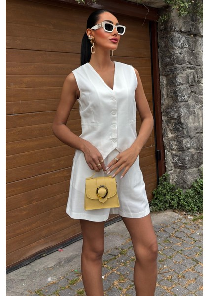 Kadın Beyaz Flamlı Keten Ikili Kısa Takım fiyatları