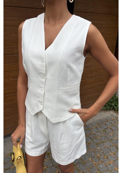 Kadın Beyaz Flamlı Keten Ikili Kısa Takım modelleri