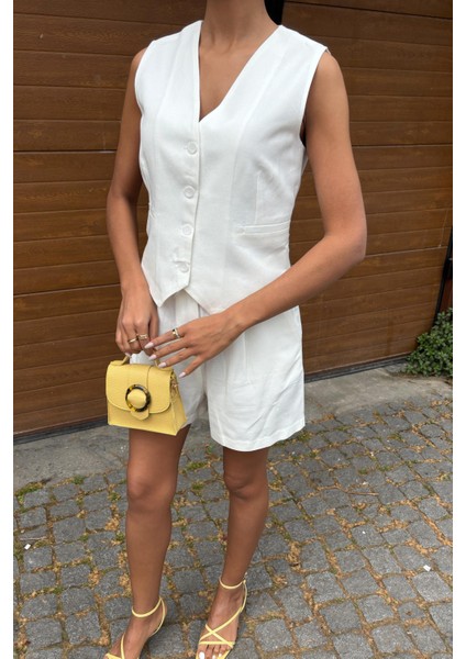 Kadın Beyaz Flamlı Keten Ikili Kısa Takım fırsatları