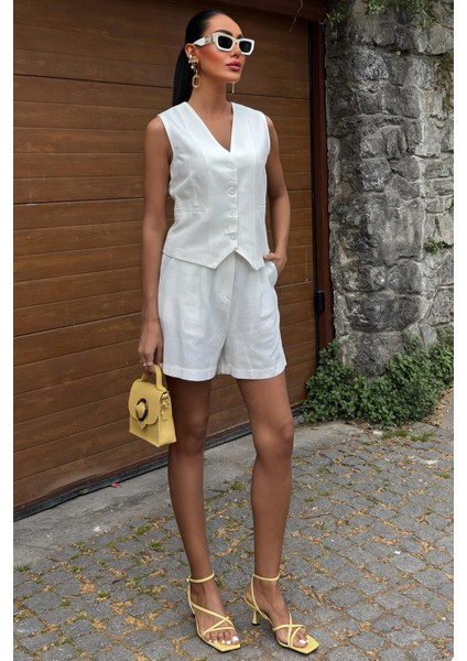 Kadın Beyaz Flamlı Keten Ikili Kısa Takım indirimleri