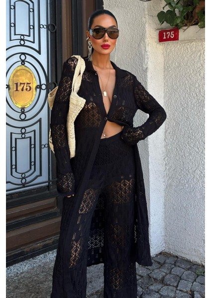 Kadın Siyah Viskon Dokuma Uzun Hırka Takım fırsatları