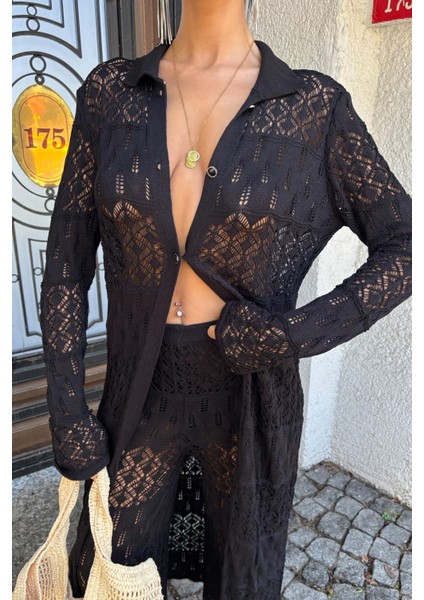 Kadın Siyah Viskon Dokuma Uzun Hırka Takım indirimleri