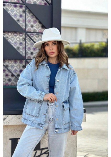 Kadın Buz Mavi Geniş Cepli, Kaliteli Jeans Kumaş, Salaş Kot Ceket modelleri