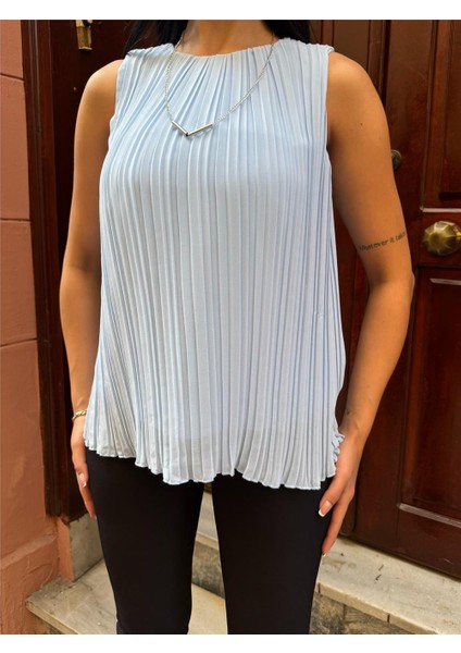 Bebe Mavi Astarlı Pileli Kolsuz Bluz