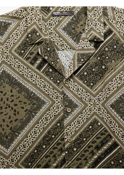 Viskon Kısa Kollu Regular Fit Devrik Yaka Etnik Desenli Gömlek