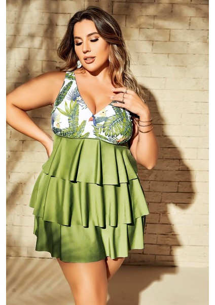 Büyük Beden Yeşil Fırfırlı Yaprak Desenli Kalın Askılı Gecelik